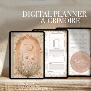 May include: Digital planner and grimoire with a floral design. The planner has sections for daily tasks, spell of the day, and affirmations. The grimoire has sections for spells, herbs, and other magical practices. The planner and grimoire are both digital and can be used on a tablet or computer.