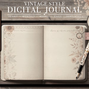 May include: Vintage-style digital journal with floral accents. The open journal displays lined pages and the text "Space of infinite possibilities." A pen rests on the right page. A smaller journal and a teacup are also visible.