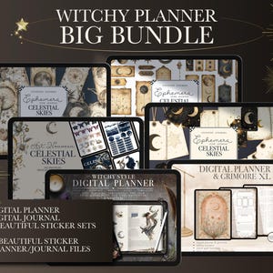 Könnte beinhalten: Ein digitales Planer- und Journal-Bundle mit einem himmlischen Thema. Das Bundle enthält fünf Sticker-Sets, 192 Sticker und zwei Planer-/Journal-Dateien. Die Bilder zeigen einen Sternenhimmel mit Sternen, Monden und Planeten.