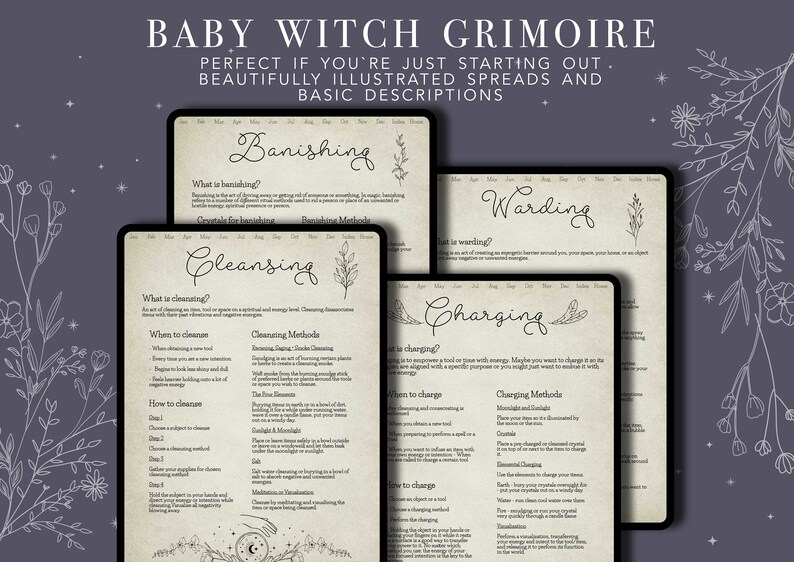 May include: Four digital pages from a Baby Witch Grimoire with illustrated spreads and basic descriptions for banishing, warding, cleansing, and charging. Each page has a title, a question, and a list of methods.