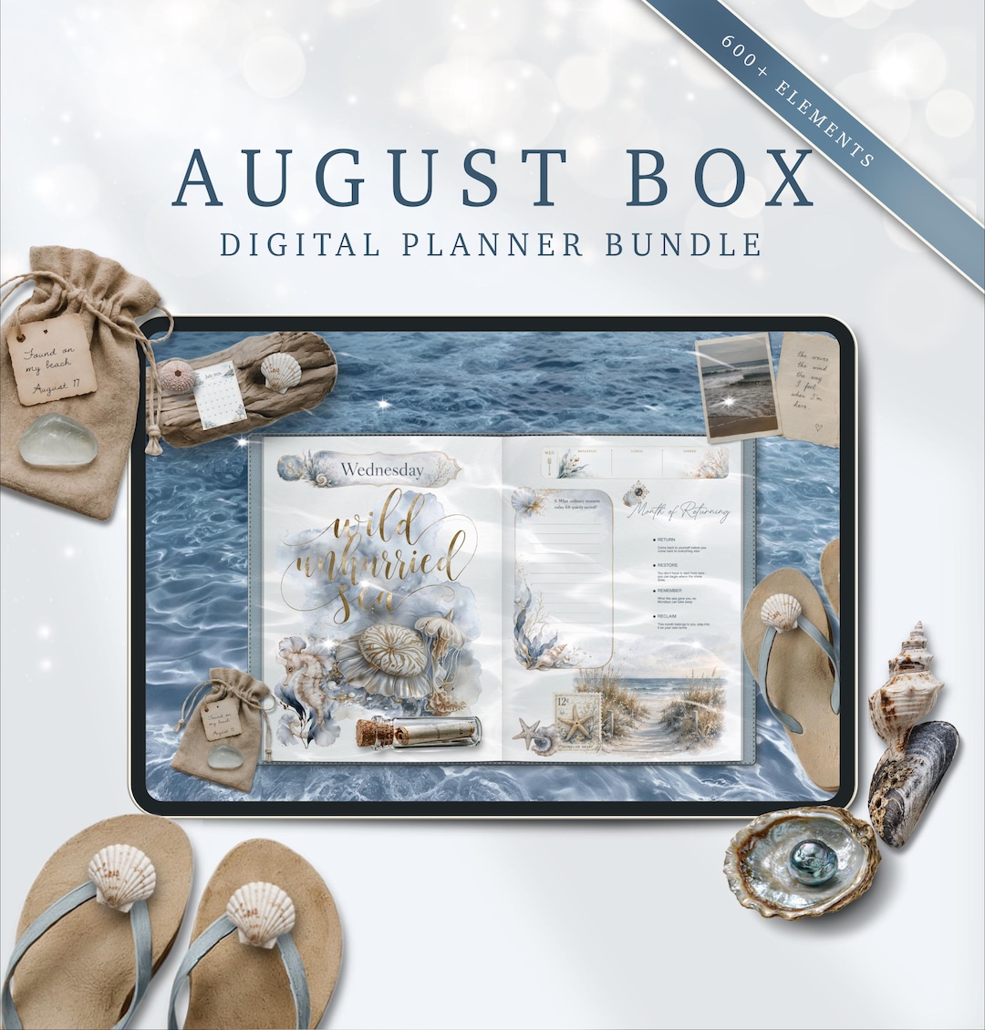 Complete August digital planner bundle, 600+ elements, PDF planner, PNG stickers, GoodNote
