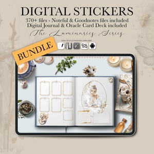 May include: Digital stickers bundle with 370+ files, including Noteful and Goodnotes files, a digital journal, and an oracle card deck. The image shows a tablet with a digital journal open, surrounded by decorative elements.