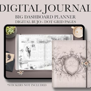 May include: A digital planner with a floral design and the text "2025 Spring" on the cover. The planner has a dot grid layout and is designed for use with a digital pen and tablet.