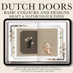 Pode incluir: Um conjunto de adesivos de planejador de porta holandesa com designs florais em tons creme e marrom. Os adesivos são impressos em papel kraft e aquarela. O texto "DUTCH DOORS BASIC COLOURS AND DESIGNS KRAFT & WATERCOLOUR PAPER" está impresso na parte superior da imagem.