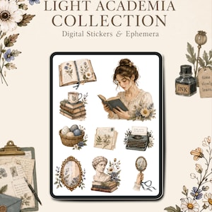 May include: A digital collection of stickers and ephemera titled Light Academia Collection by Bellanora Studio. The set features illustrations of an open book, a person reading, a typewriter, a bust, an ink bottle, and floral accents.