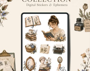 Light Academia Digital Stickers for GoodNotes and Noteful, 226 PNG Vintage Ephemera Sticker Book, Cottagecore iPad Digital Journal Kit