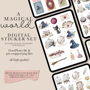 Betoverende tovenaarswereld: digitale sticker- en illustratiesset - magisch thema met heksen, tovenaars en fantastische wezens voor planners en ambachten