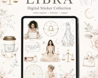 Libra Digital Sticker Book | 305 Zodiac Stickers for GoodNotes & Noteful | Astrology Planner Stickers | Feminine Journal PNG Set