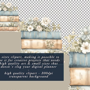May include: A stack of vintage books with floral embellishments. The books are in shades of blue, brown, and cream. The flowers are white and green.