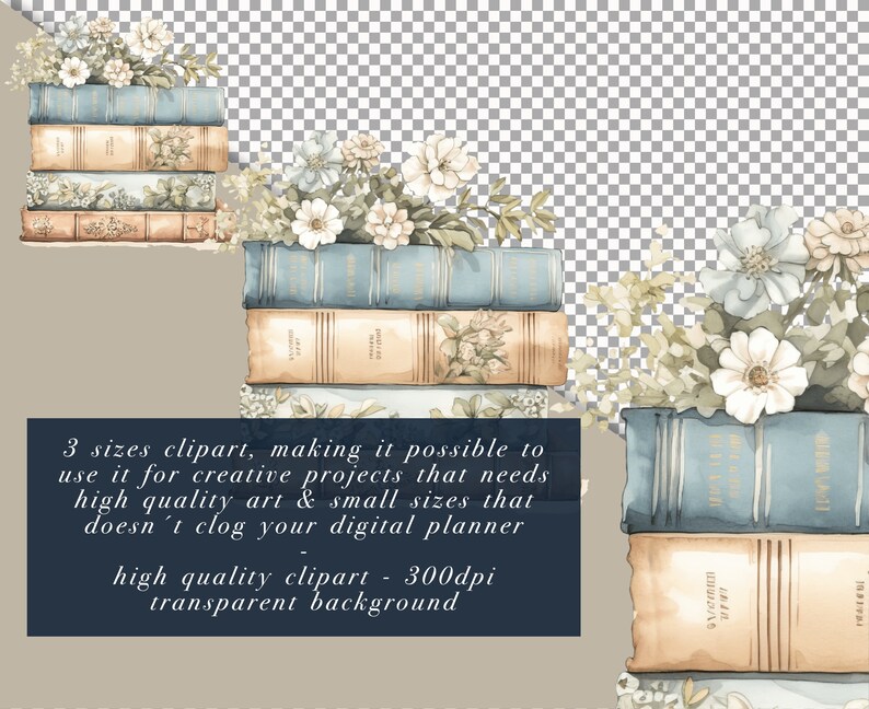 May include: A stack of vintage books with floral embellishments. The books are in shades of blue, brown, and cream. The flowers are white and green.