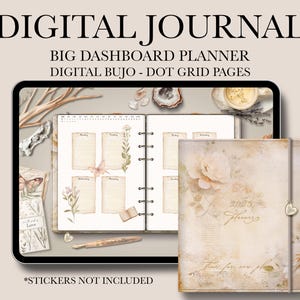 Peut inclure: Planificateur de journal numérique avec un motif floral. La couverture présente une rose blanche et le texte "2025 Flowers". Les pages intérieures sont en quadrillage de points et ont un fond brun clair.