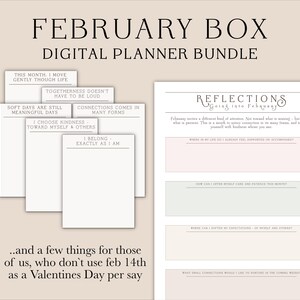 Puede incluir: Un paquete de planificador digital con el texto "FEBRUARY BOX DIGITAL PLANNER BUNDLE". Incluye p&aacute;ginas con indicaciones como "Reflections Going into February" y otras indicaciones de autorreflexi&oacute;n. Tambi&eacute;n incluye texto: "...and a few things for those of us, who don't use feb 14th as a Valentines Day per say."