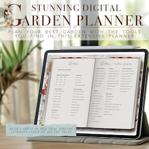 Puede incluir: Un planificador de jard&iacute;n digital en una tableta con un dise&ntilde;o floral. El planificador incluye un &iacute;ndice y p&aacute;ginas adicionales para planificar tu jard&iacute;n. El texto en la pantalla dice "&Iacute;ndice" y "&Iacute;ndice - p&aacute;ginas adicionales".