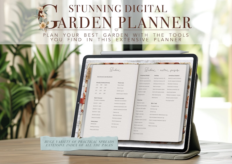 Puede incluir: Un planificador de jard&iacute;n digital en una tableta con un dise&ntilde;o floral. El planificador incluye un &iacute;ndice y p&aacute;ginas adicionales para planificar tu jard&iacute;n. El texto en la pantalla dice "&Iacute;ndice" y "&Iacute;ndice - p&aacute;ginas adicionales".