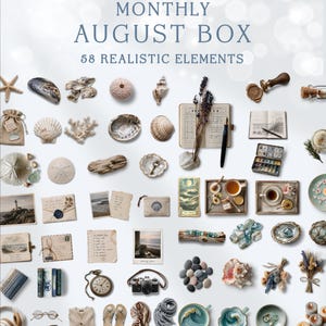 May include: A collection of 58 realistic elements labeled Monthly August Box, featuring seashells, starfish, driftwood, a wax seal stamp, a notebook, a fountain pen, dried lavender, watercolor paints, tea sets, a pocket watch, and a camera.
