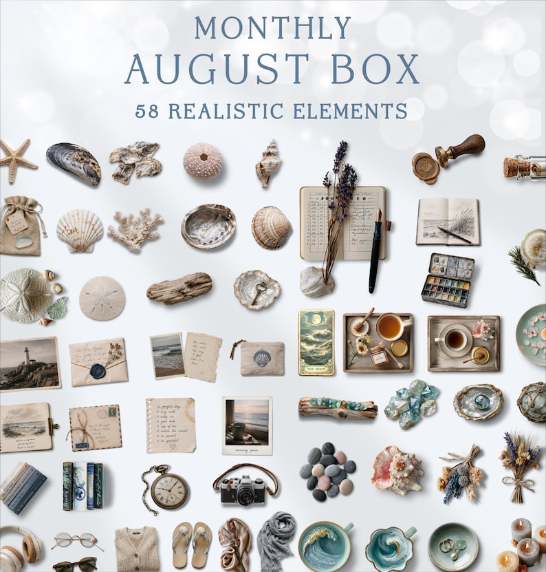 May include: A collection of 58 realistic elements labeled Monthly August Box, featuring seashells, starfish, driftwood, a wax seal stamp, a notebook, a fountain pen, dried lavender, watercolor paints, tea sets, a pocket watch, and a camera.