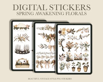 May include: Digital stickers featuring a collection of spring floral illustrations in a vintage style. The stickers include flowers, leaves, branches, bows, and potted plants. The stickers are perfect for adding a touch of spring to your planner, journal, or other creative projects.