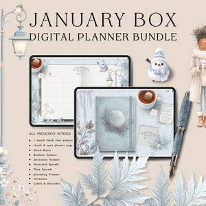 Op de afbeelding: Digitale plannerbundel met een winterthema. De afbeelding toont twee tablets met plannerpagina's, een pen, een theekopje en een decoratieve sneeuwpop. Tekst op de afbeelding luidt "January Box Digital Planner Bundle" en "All Inclusive Bundle".