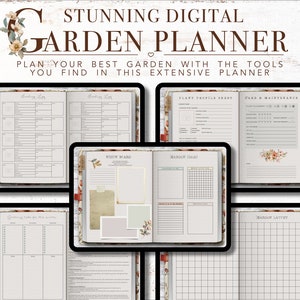 Puede incluir: Un planificador de jard&iacute;n digital con p&aacute;ginas para planificar, hacer un seguimiento y dise&ntilde;ar un jard&iacute;n. El planificador tiene un tema floral con un fondo gris claro y texto negro.