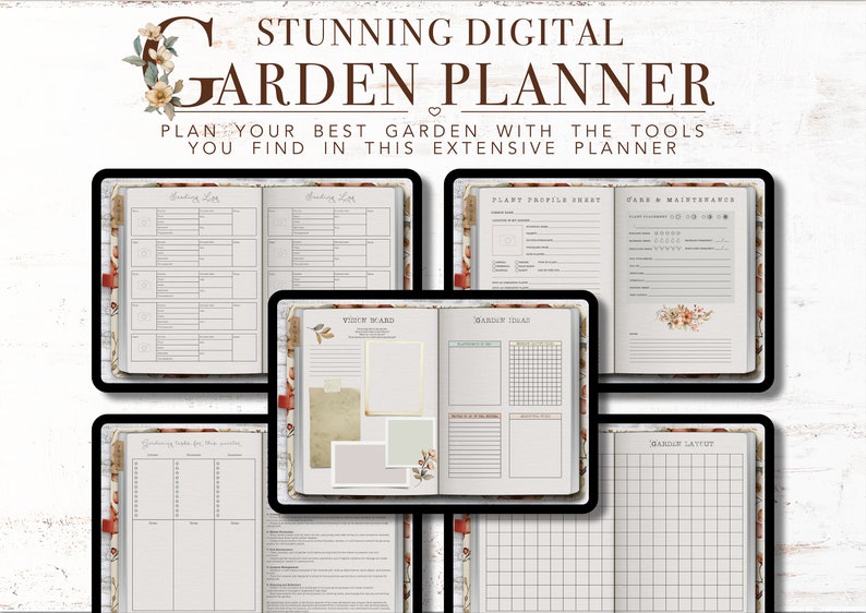 Puede incluir: Un planificador de jard&iacute;n digital con p&aacute;ginas para planificar, hacer un seguimiento y dise&ntilde;ar un jard&iacute;n. El planificador tiene un tema floral con un fondo gris claro y texto negro.