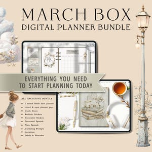 Puede incluir: Paquete de planificador digital con el texto "MARCH BOX DIGITAL PLANNER BUNDLE". La imagen incluye una tableta con un calendario, un cuaderno, un bolígrafo, auriculares y una taza de té. También se ve el texto "EVERYTHING YOU NEED TO START PLANNING TODAY".