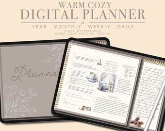 May include: A digital planner with a gray cover and gold spiral binding. The planner is open to a weekly view with a watercolor illustration of a cozy living room. The text "Warm Cozy Digital Planner" is at the top of the image. The text "Year, Monthly, Weekly, Daily" is below the title. The text "Fully Hyperlinked Warm Cozy Neutral Design" is below the dates.