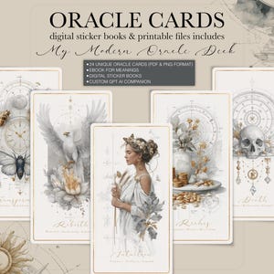 Op de afbeelding: Een verzameling orakelkaarten met gouden randen, met aquarel illustraties van een vlinder, adelaar, vrouw en schedel. De tekst "ORACLE CARDS" en "My Modern Oracle Deck" staan bovenaan. Extra tekst bevat "24 UNIQUE ORACLE CARDS".