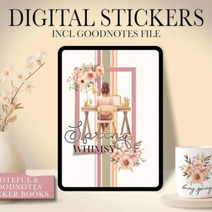 Puede incluir: Pegatinas digitales para Goodnotes con un tema primaveral con una mujer sentada en un escritorio, flores y el texto "Spring Whimsy".
