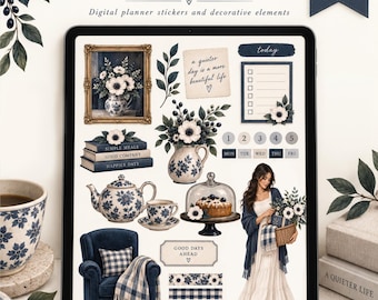 Cozy Home Digital Stickers, GoodNotes & Noteful Sticker Book, 300+ Navy Blue Floral PNG, Slow Living Planner Stickers, Cottage Clipart