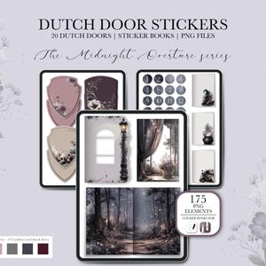 May include: Digital sticker set featuring Dutch door designs, sticker book elements, and PNG files. The set includes various illustrations, including shields, a street lamp, a forest scene, and a window with curtains. Text on the image reads "DUTCH DOOR STICKERS" and "The Midnight Overture series."