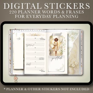 Op de afbeelding: Digitale stickers voor planners met 220 woorden en zinnen voor dagelijkse planning. De afbeelding toont een digitale planner met een bloemenontwerp, inclusief een sectie voor notities, afspraken en dankbaarheid. De tekst op de afbeelding zegt "Digital Stickers" en "Planner Words & Frases".
