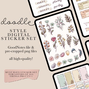 Digitale plannerstickers lente, voorgesneden Goodnotes-stickers, digitale iPad-stickers, notability-stickers, illustraties in doodle-stijl, OneNote