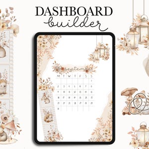 Op de afbeelding: Digitale planner dashboard met een septemberkalender, bloem- en lantaarnillustraties en een filmstrip met schattige dierenillustraties. De tekst "September" en "Oktober" is zichtbaar.