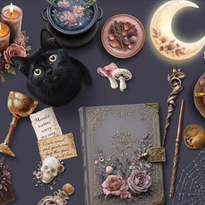 May include: A collection of mystical items, including a black cat, candles, a cauldron, a crescent moon, a book, a chalice, and a skull. The items are arranged on a dark purple surface, evoking a magical or witchy theme.