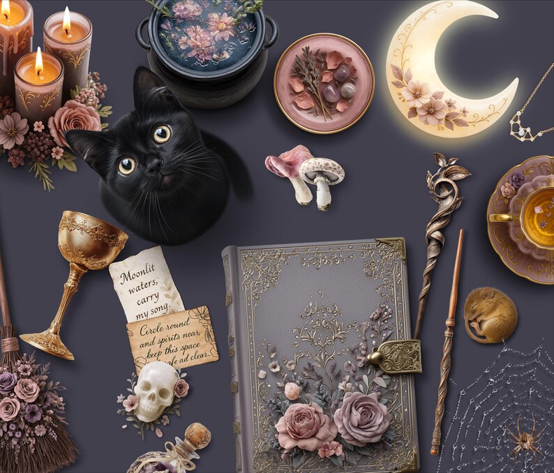 May include: A collection of mystical items, including a black cat, candles, a cauldron, a crescent moon, a book, a chalice, and a skull. The items are arranged on a dark purple surface, evoking a magical or witchy theme.