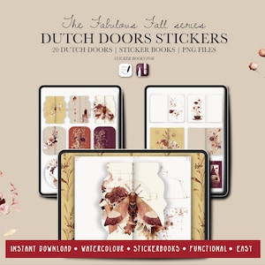 Op de afbeelding: Digitale Dutch door stickers op tablets, met aquarelontwerpen met bloemen- en insectenmotieven. De tekst luidt "The Fabulous Fall series DUTCH DOORS STICKERS" en "INSTANT DOWNLOAD • WATERCOLOUR • STICKERBOOKS • FUNCTIONAL • EASY."