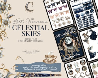 May include: A digital illustration set of 101 celestial-themed stickers in a blue, gold, and white color scheme. The set includes moons, stars, butterflies, and floral elements. The text "Art Nouveau Celestial Skies" is displayed on the image.