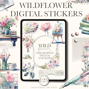 May include: A set of digital stickers featuring watercolor illustrations of wildflowers, paintbrushes, a palette, and other art supplies. The stickers are pre-cropped and come in transparent PNG files. The text "WILD flower PRECROPPED DIGITAL STICKERS" is included in the image.