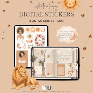 May include: Digital stickers for astrology, featuring a Leo theme. The image shows a tablet with various stickers, including illustrations of women, suns, and floral designs. A lion illustration is also present, along with the text "Astrology DIGITAL STICKERS ZODIAC SERIES - LEO".