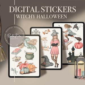 Può includere: Un set di adesivi digitali con tema Halloween di streghe. Gli adesivi includono una strega che vola su una scopa, una strega che tiene un gatto nero, un drago, un calderone, zucche, una lanterna e altri elementi spettrali. Gli adesivi sono perfetti per aggiungere un tocco di magia al tuo planner digitale, diario o altri progetti.