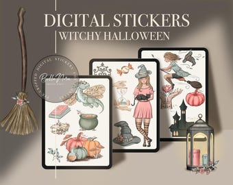 May include: A set of digital stickers featuring a witchy Halloween theme. The stickers include a witch flying on a broomstick, a witch holding a black cat, a dragon, a cauldron, pumpkins, a lantern, and other spooky elements. The stickers are perfect for adding a touch of magic to your digital planner, journal, or other projects.