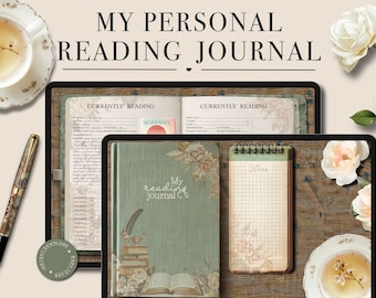 May include: A digital planner with a green cover featuring a floral design and the text "My reading journal". The planner is open to two pages with the heading "Currently Reading" on each page. The planner is on a wooden surface with a pen, a cup of tea, and white roses.
