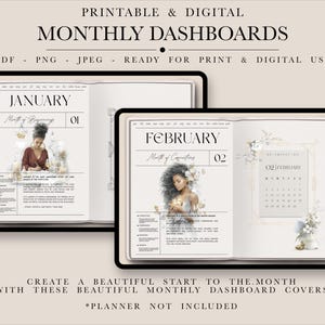 May include: Digital monthly dashboard covers for print and digital use. The image shows two open digital planners with January and February covers. The covers feature images of women and text that reads "Printable & Digital Monthly Dashboards."