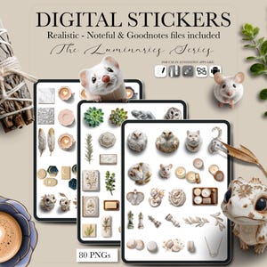 Puede incluir: Tres tabletas muestran pegatinas digitales con diseños realistas, incluyendo suculentas, búhos y velas. El texto "DIGITAL STICKERS" y "The Luminaries Series" son visibles. Una taza de café y una figura decorativa también están presentes.