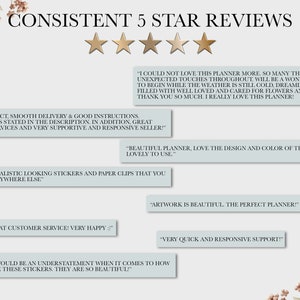May include: Five star reviews for a planner with stickers and paper clips. The reviews highlight the planner's design, color, and thoughtful touches. One review mentions the stickers are beautiful and the artwork is perfect.