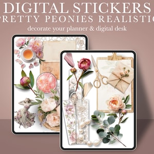 Stickers réalistes pivoines remarquables, autocollants de l'agenda printanier, autocollants numériques GoodNotes, créateurs de scènes