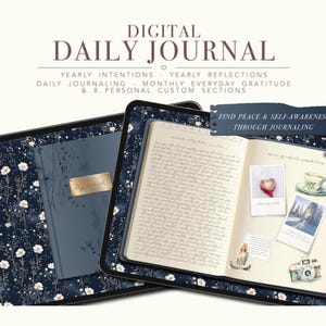Pode incluir: Diário digital diário com uma capa floral azul marinho e um diário azul no interior. O diário aberto exibe texto manuscrito, fotos e ilustrações. O texto inclui "Yearly Intentions" e "Find Peace & Self-Awareness Through Journaling."