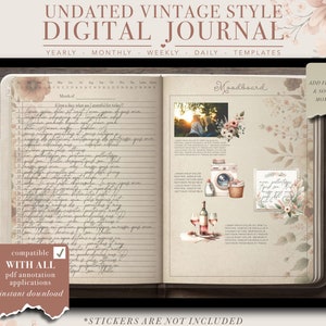 Puede incluir: Un diario digital con un diseño de estilo vintage. El diario incluye plantillas para la planificación anual, mensual, semanal y diaria. La imagen muestra una página con una sección de mood board y una entrada de diario escrita a mano. El diario es compatible con todas las aplicaciones de anotación PDF.