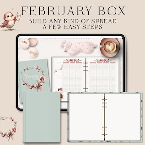 Puede incluir: Imagen de un planificador con el texto "FEBRUARY BOX" y "BUILD ANY KIND OF SPREAD A FEW EASY STEPS". El planificador est&aacute; abierto a una p&aacute;gina en blanco, con un dise&ntilde;o floral. Otros elementos incluyen una m&aacute;scara para dormir, una taza de caf&eacute; y un p&aacute;jaro peque&ntilde;o.