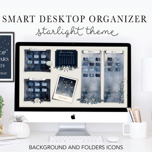 2024 2025 wallpaper and organizer for imac and MacBook, blue night desktop organizer, midnight blue Mac wallpaper, folder icons